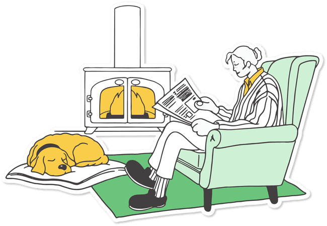 Un femme lisant le journal au coin du feu avec un chien assoupi.